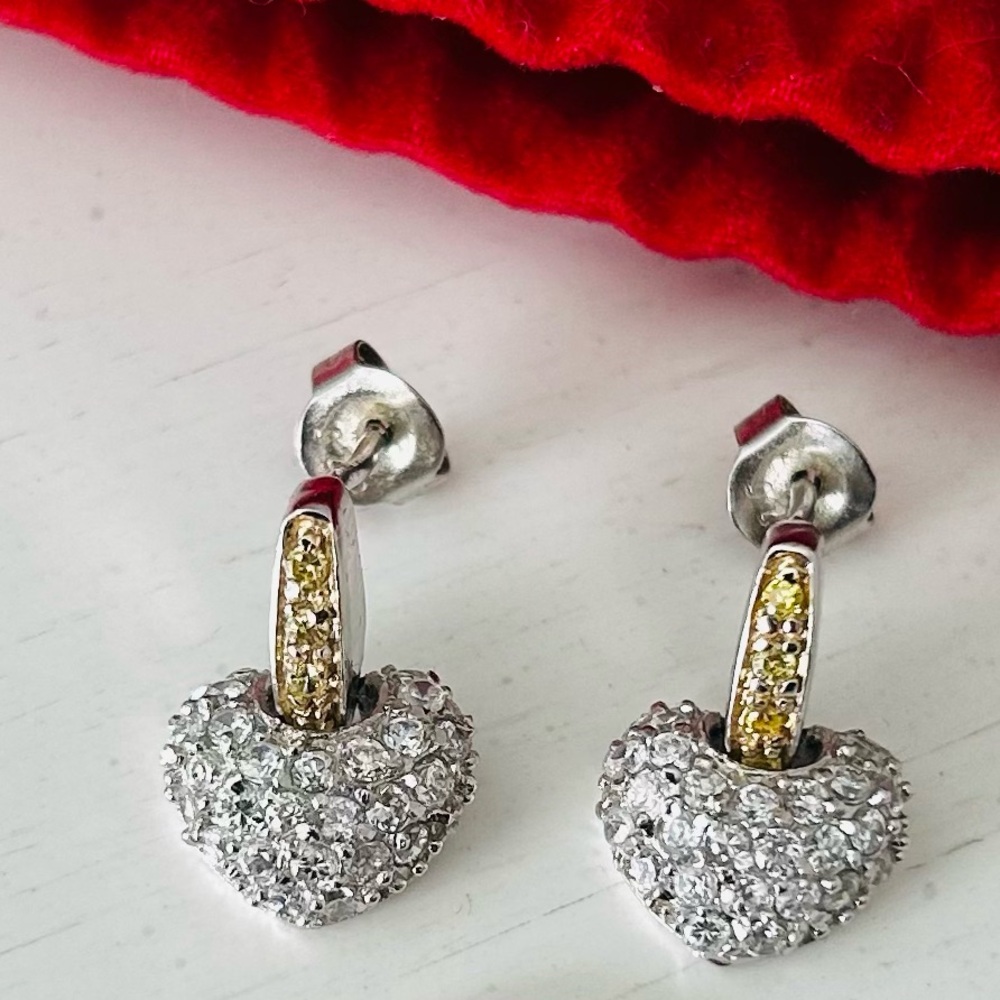 Silver/Gold Heart Puffed Crystal Stone Earrings w/ Red Velvet Pouch